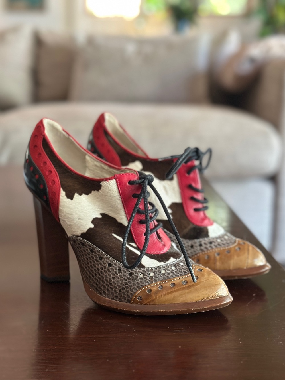 Dolce & Gabbana Lace-Up Heeled Oxfords in Red, Brown & Cream